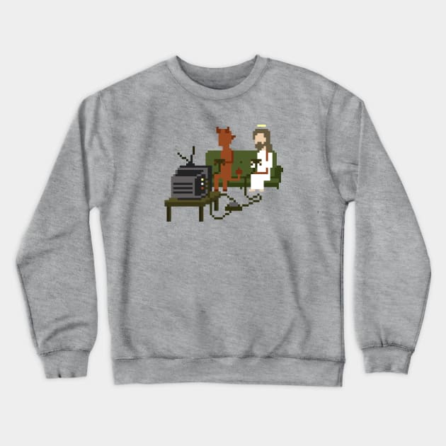 Jesus and Devil Playing Video Games Pixel Art Crewneck Sweatshirt by obinsun